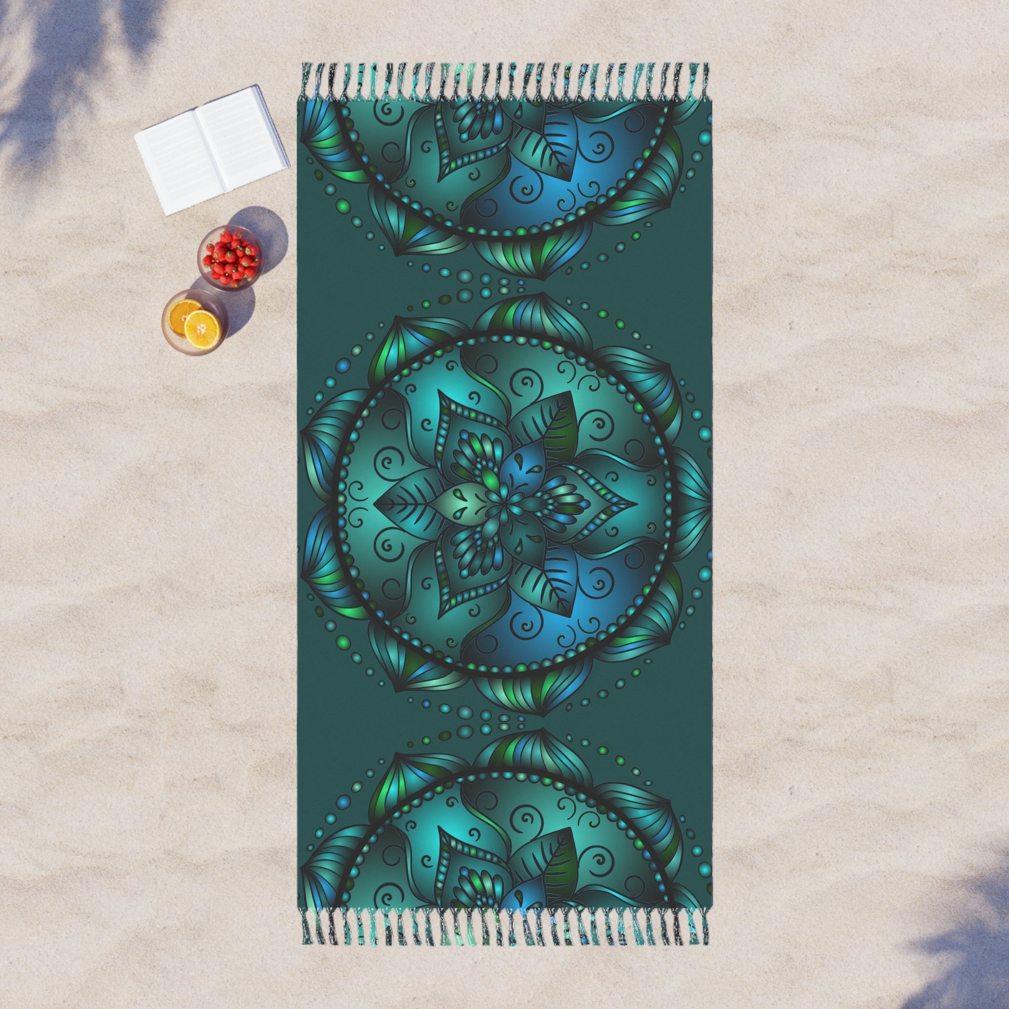 Boho Beach Cloth decorated with Mandala Art - Original Fine Art Hand - Drawn - Petroleum Green - Blululi