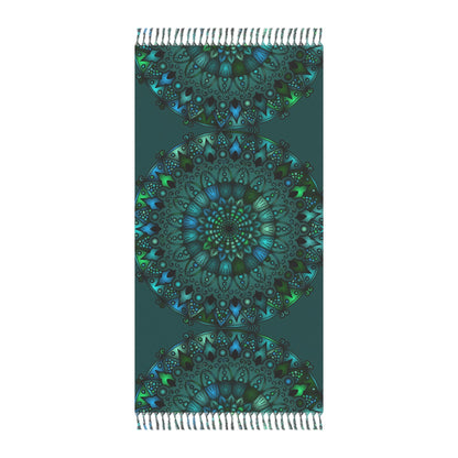 Boho Beach Cloth decorated with Mandala Art - Original Fine Art Hand - Drawn - Petroleum Green - Blululi