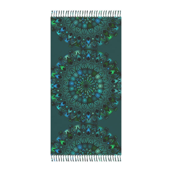 Boho Beach Cloth decorated with Mandala Art - Original Fine Art Hand - Drawn - Petroleum Green - Blululi