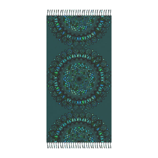 Boho Beach Cloth decorated with Mandala Art - Original Fine Art Hand - Drawn - Petroleum Green - Blululi