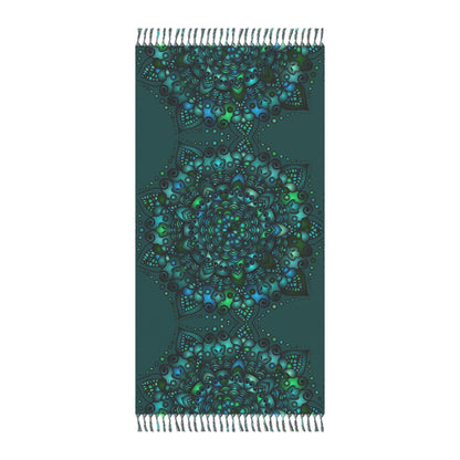 Boho Beach Cloth decorated with Mandala Art - Original Fine Art Hand - Drawn - Petroleum Green - Blululi