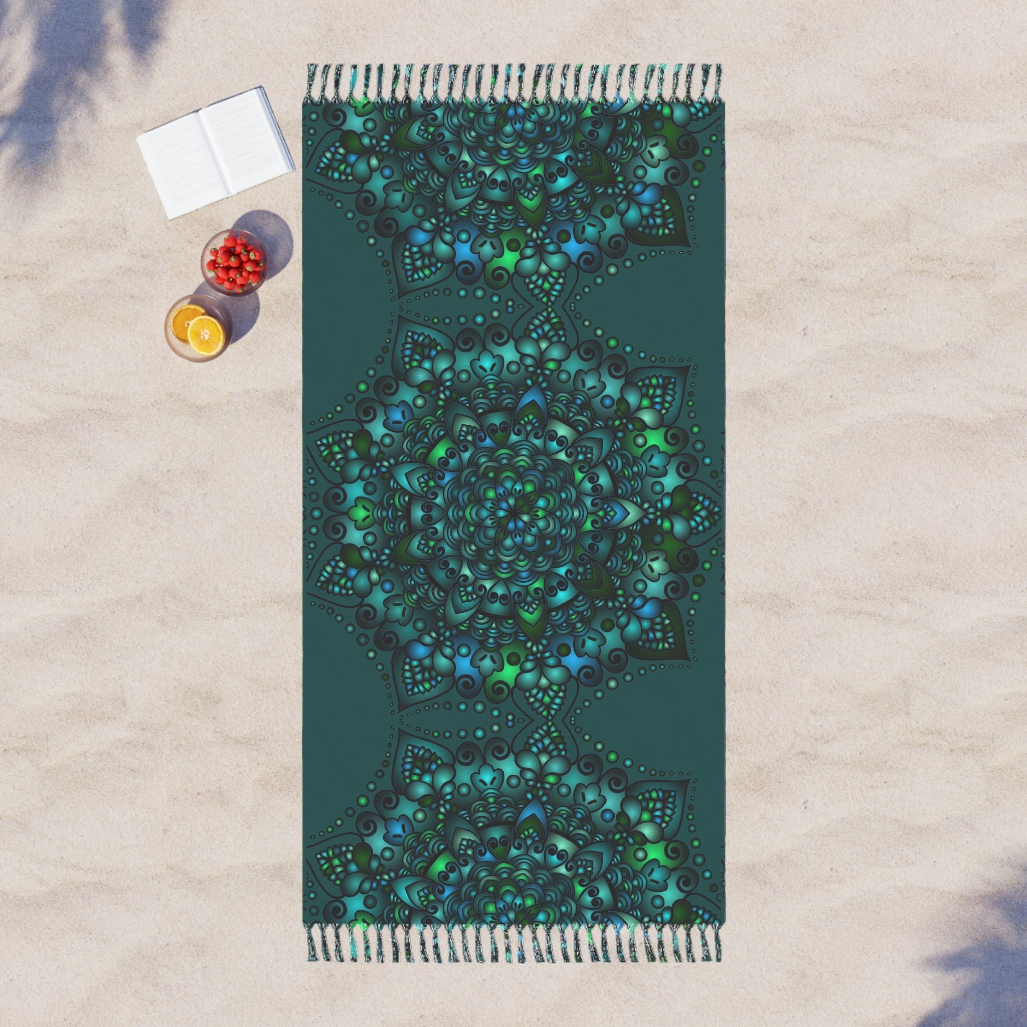 Boho Beach Cloth decorated with Mandala Art - Original Fine Art Hand - Drawn - Petroleum Green - Blululi