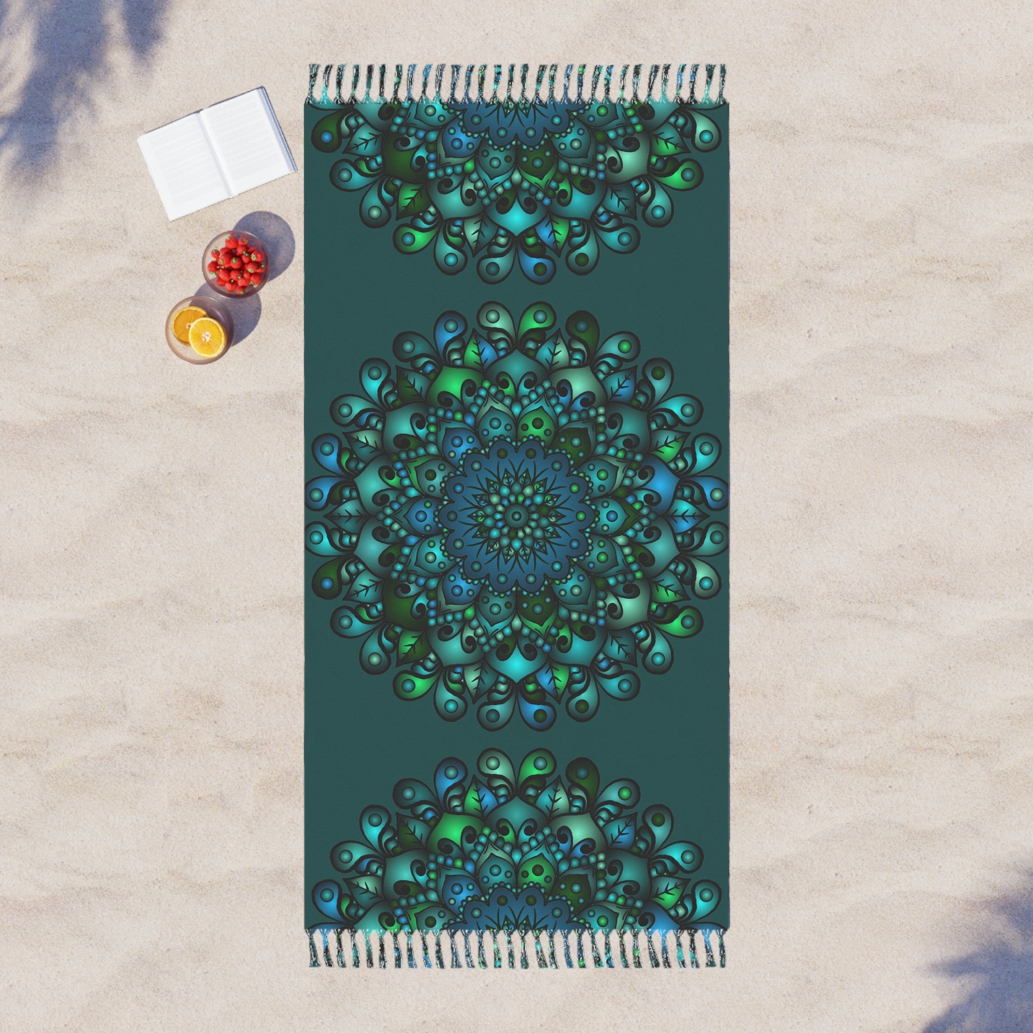 Boho Beach Cloth decorated with Mandala Art - Original Fine Art Hand - Drawn - Petroleum Green - Blululi