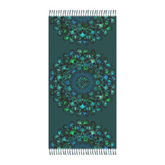 Boho Beach Cloth decorated with Mandala Art - Original Fine Art Hand - Drawn - Petroleum Green - Blululi