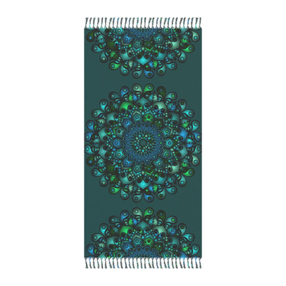 Boho Beach Cloth decorated with Mandala Art - Original Fine Art Hand - Drawn - Petroleum Green - Blululi