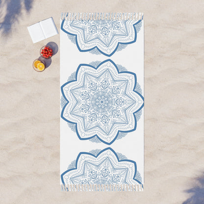 Boho Beach Cloth decorated with Mandala Art - Steel Blue - Original Fine Art Hand - Drawn - White - Blululi