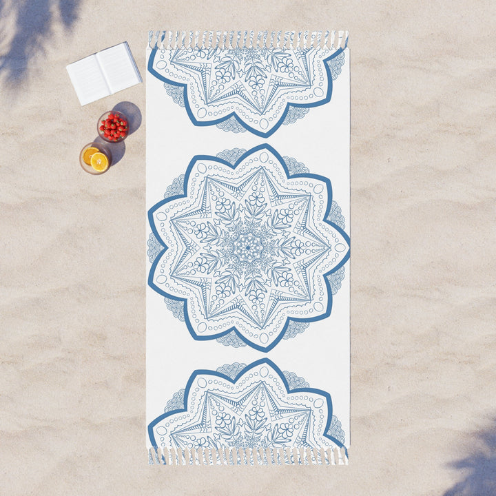 Boho Beach Cloth decorated with Mandala Art - Steel Blue - Original Fine Art Hand - Drawn - White - Blululi