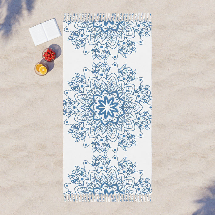 Boho Beach Cloth decorated with Mandala Art - Steel Blue - Original Fine Art Hand - Drawn - White - Blululi