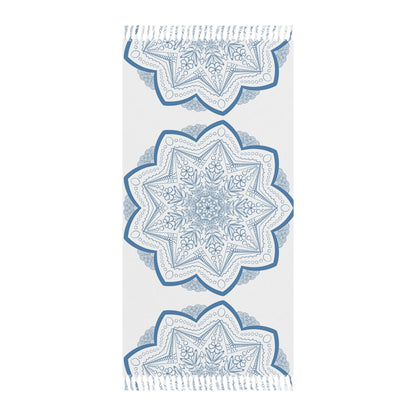 Boho Beach Cloth decorated with Mandala Art - Steel Blue - Original Fine Art Hand - Drawn - White - Blululi