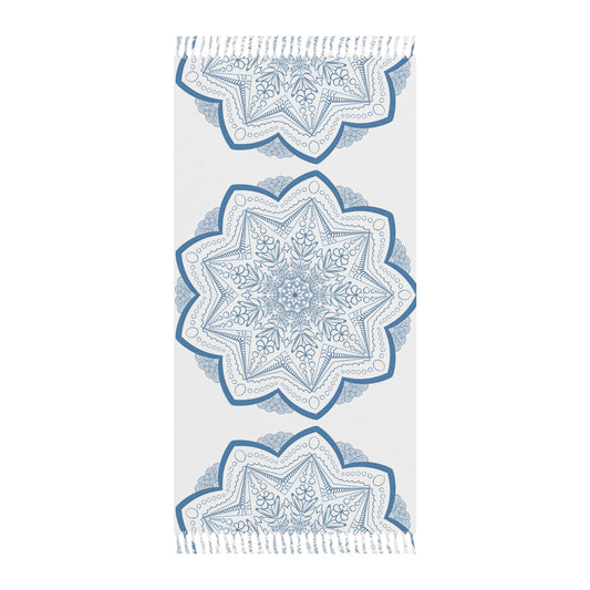 Boho Beach Cloth decorated with Mandala Art - Steel Blue - Original Fine Art Hand - Drawn - White - Blululi