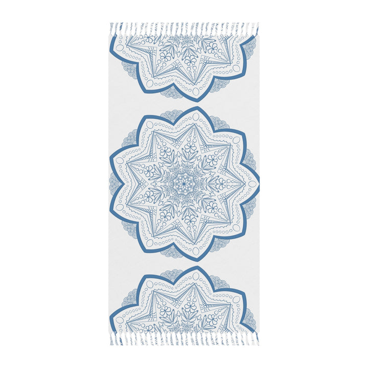 Boho Beach Cloth decorated with Mandala Art - Steel Blue - Original Fine Art Hand - Drawn - White - Blululi