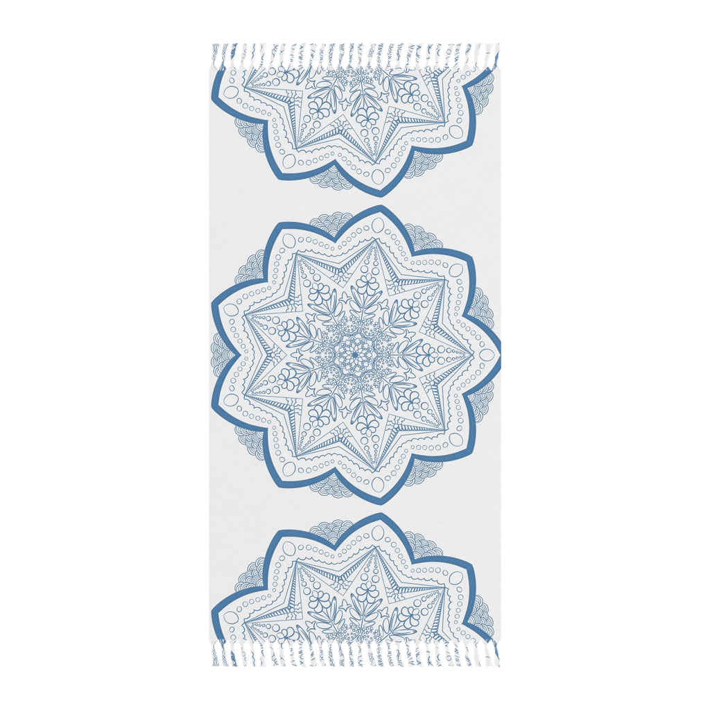 Boho Beach Cloth decorated with Mandala Art - Steel Blue - Original Fine Art Hand - Drawn - White - Blululi