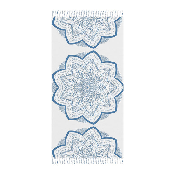 Boho Beach Cloth decorated with Mandala Art - Steel Blue - Original Fine Art Hand - Drawn - White - Blululi