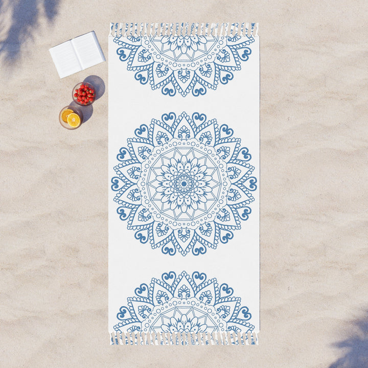 Boho Beach Cloth decorated with Mandala Art - Steel Blue - Original Fine Art Hand - Drawn - White - Blululi