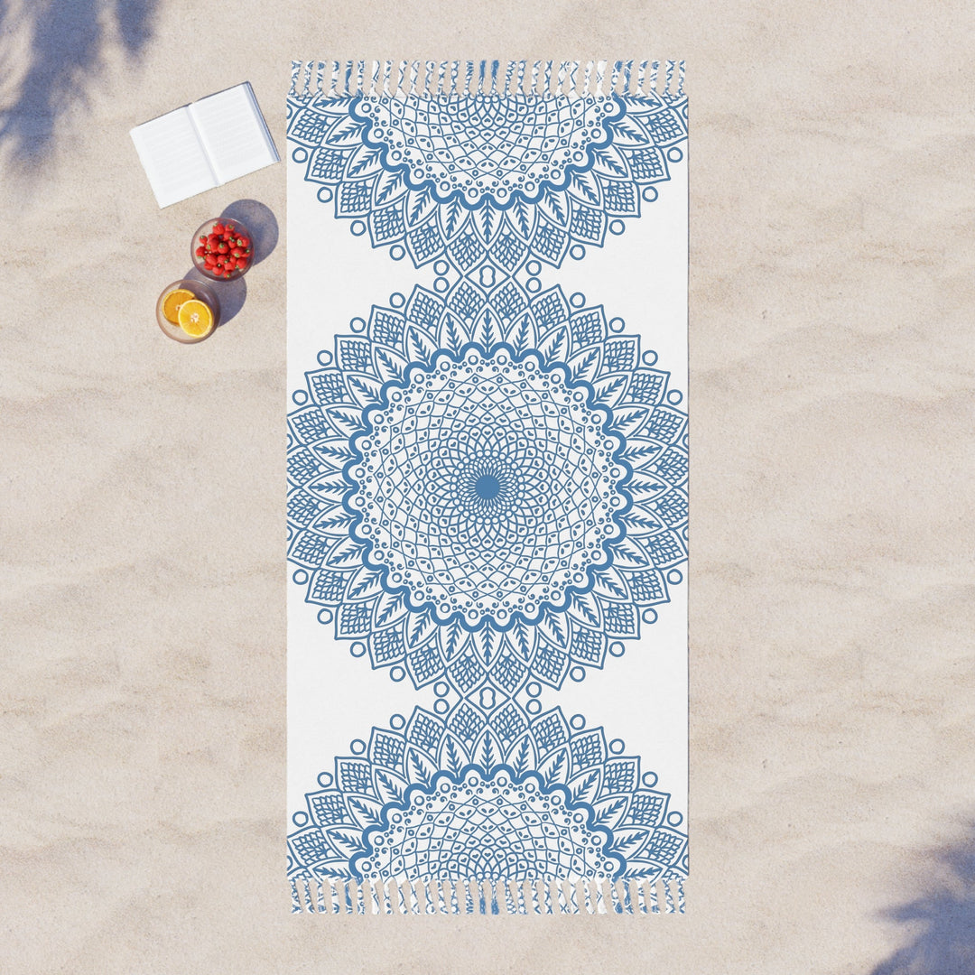 Boho Beach Cloth decorated with Mandala Art - Steel Blue - Original Fine Art Hand - Drawn - White - Blululi