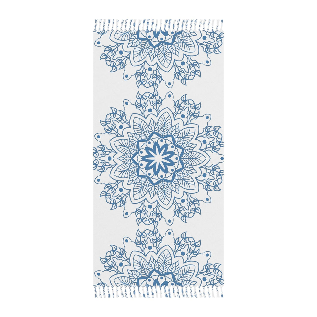 Boho Beach Cloth decorated with Mandala Art - Steel Blue - Original Fine Art Hand - Drawn - White - Blululi