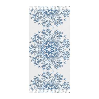 Boho Beach Cloth decorated with Mandala Art - Steel Blue - Original Fine Art Hand - Drawn - White - Blululi