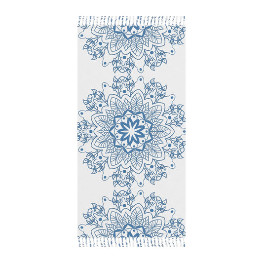 Boho Beach Cloth decorated with Mandala Art - Steel Blue - Original Fine Art Hand - Drawn - White - Blululi