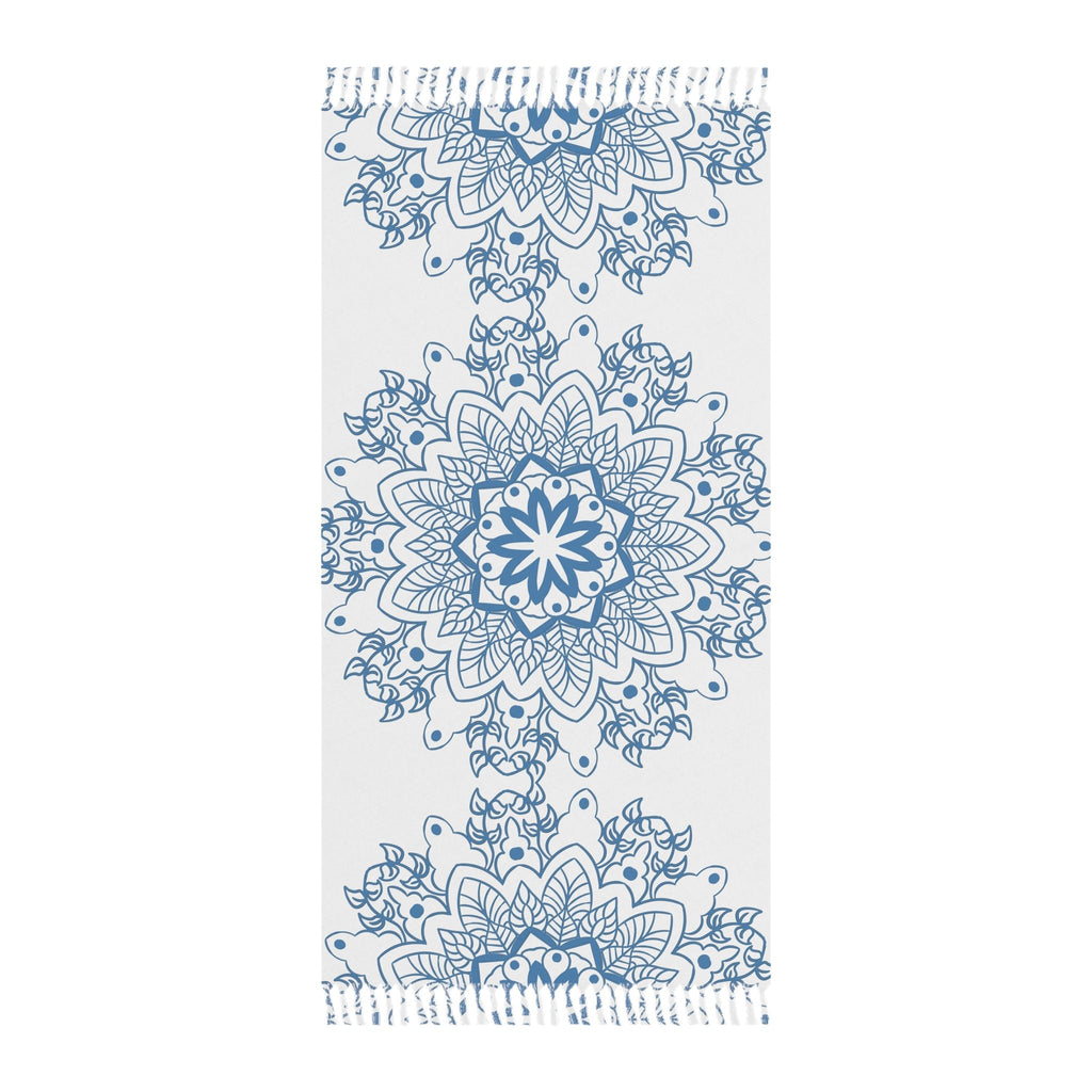 Boho Beach Cloth decorated with Mandala Art - Steel Blue - Original Fine Art Hand - Drawn - White - Blululi