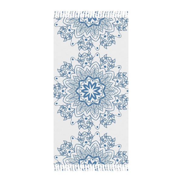 Boho Beach Cloth decorated with Mandala Art - Steel Blue - Original Fine Art Hand - Drawn - White - Blululi