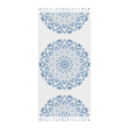 Boho Beach Cloth decorated with Mandala Art - Steel Blue - Original Fine Art Hand - Drawn - White - Blululi