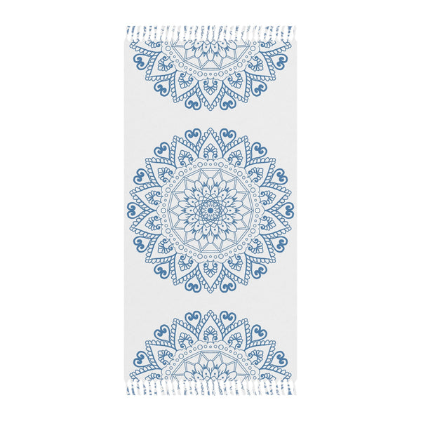 Boho Beach Cloth decorated with Mandala Art - Steel Blue - Original Fine Art Hand - Drawn - White - Blululi