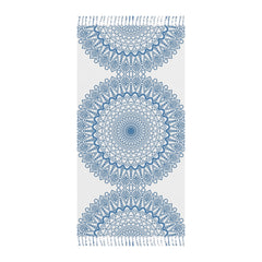 Boho Beach Cloth decorated with Mandala Art - Steel Blue - Original Fine Art Hand - Drawn - White - Blululi