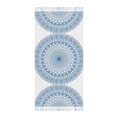 Boho Beach Cloth decorated with Mandala Art - Steel Blue - Original Fine Art Hand - Drawn - White - Blululi