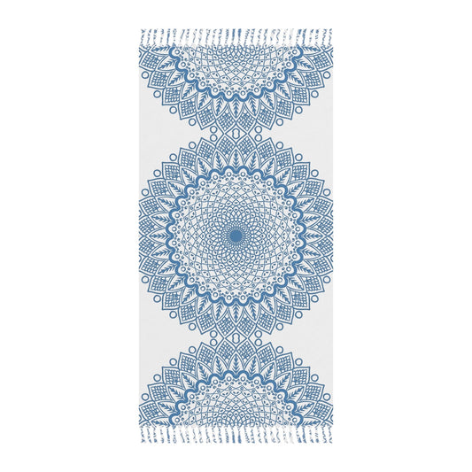 Boho Beach Cloth decorated with Mandala Art - Steel Blue - Original Fine Art Hand - Drawn - White - Blululi