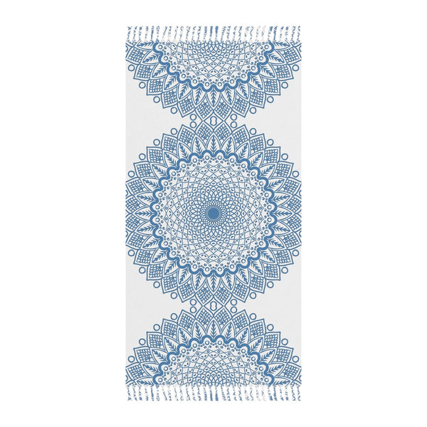 Boho Beach Cloth decorated with Mandala Art - Steel Blue - Original Fine Art Hand - Drawn - White - Blululi