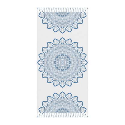 Boho Beach Cloth decorated with Mandala Art - Steel Blue - Original Fine Art Hand - Drawn - White - Blululi