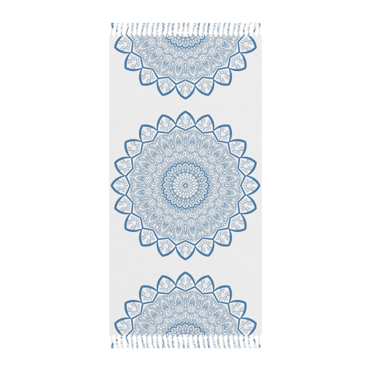 Boho Beach Cloth decorated with Mandala Art - Steel Blue - Original Fine Art Hand - Drawn - White - Blululi