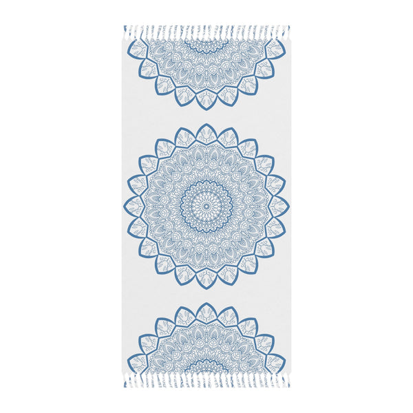 Boho Beach Cloth decorated with Mandala Art - Steel Blue - Original Fine Art Hand - Drawn - White - Blululi