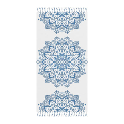 Boho Beach Cloth decorated with Mandala Art - Steel Blue - Original Fine Art Hand - Drawn - White - Blululi