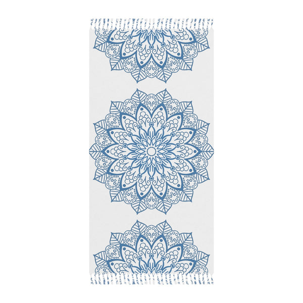 Boho Beach Cloth decorated with Mandala Art - Steel Blue - Original Fine Art Hand - Drawn - White - Blululi