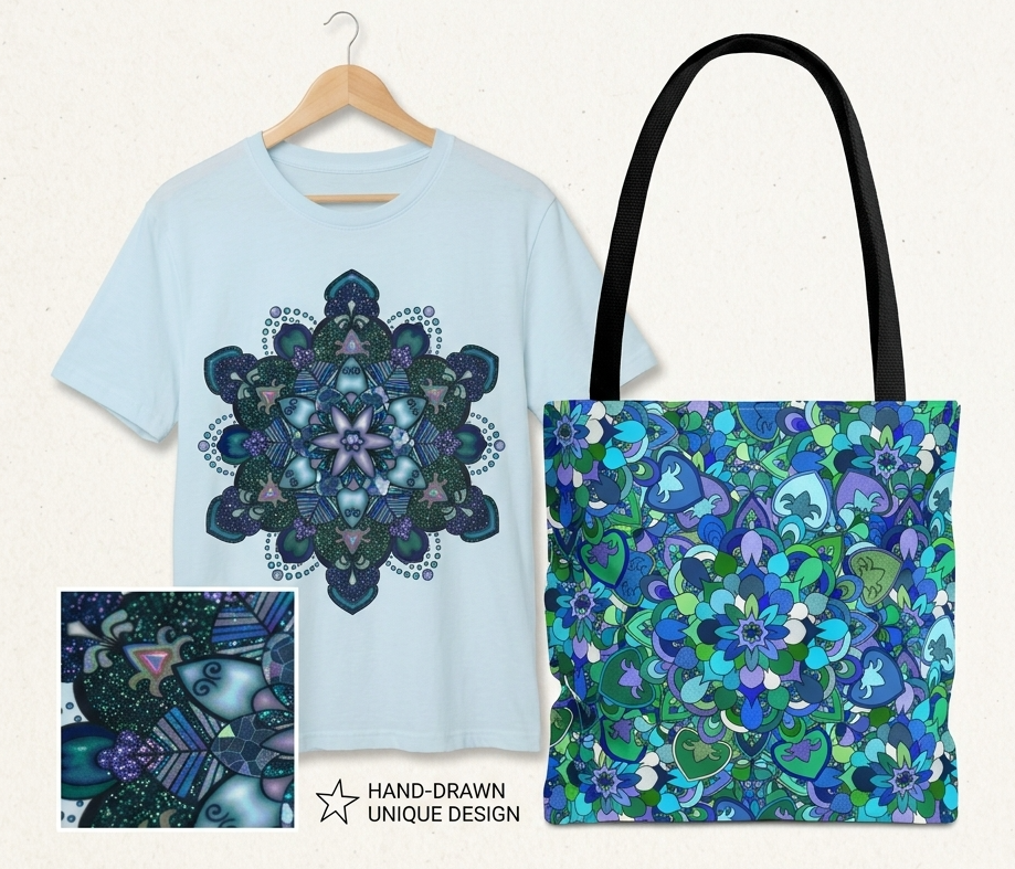 Blue Ocean Glitter Mandala T-shirt & Tote Bag Bundle
