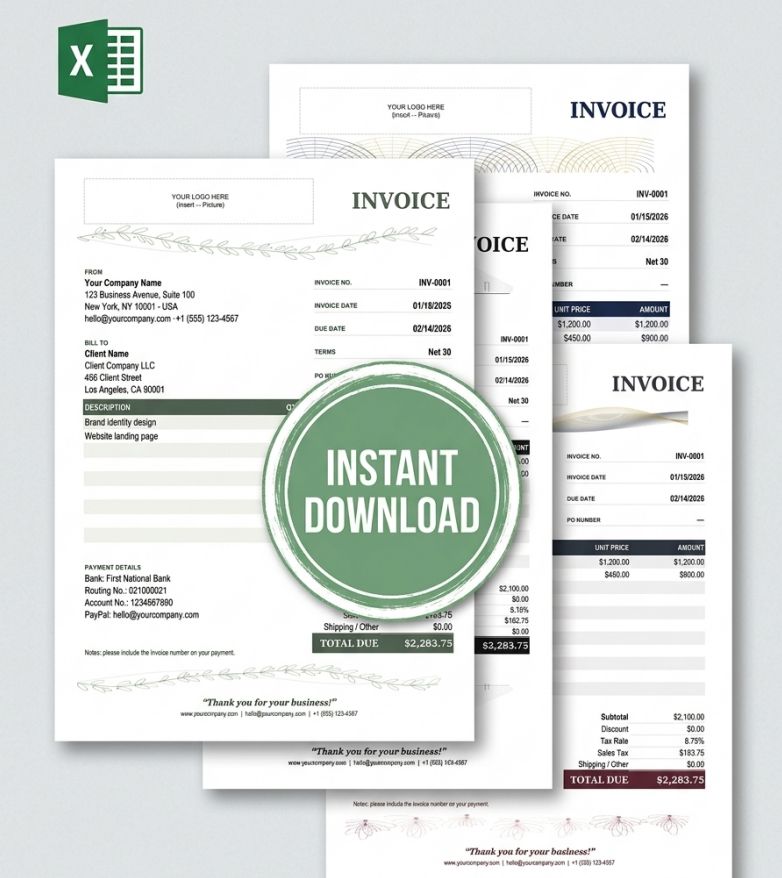 Bundle of 5 Excel Invoice Templates | Instant Download | A4-US Letter, Single Page | Automated Formulas