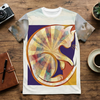 Beige-peach t-shirt featuring a sunbeam and cat double-exposure design in warm tones, photographed in a lifestyle studio flatlay to convey cozy, everyday wear.