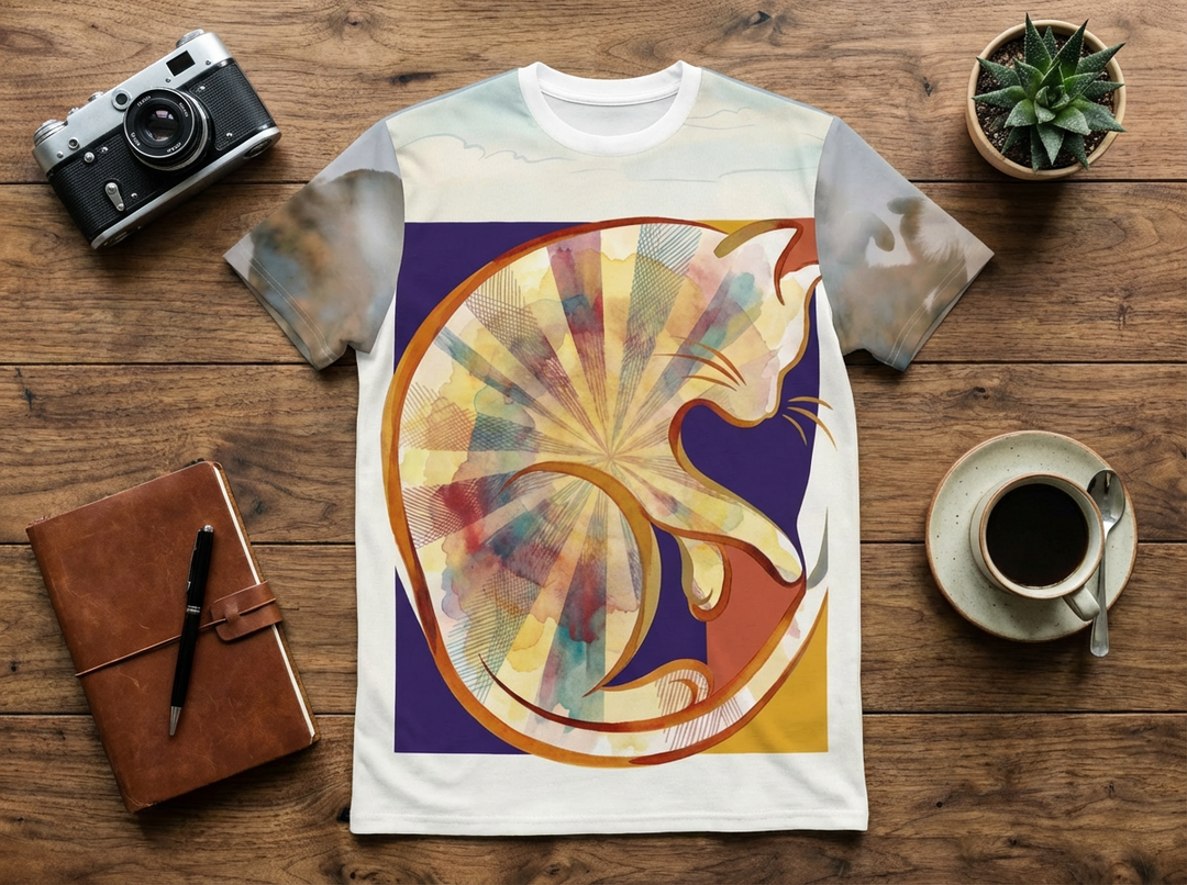Beige-peach t-shirt featuring a sunbeam and cat double-exposure design in warm tones, photographed in a lifestyle studio flatlay to convey cozy, everyday wear.
