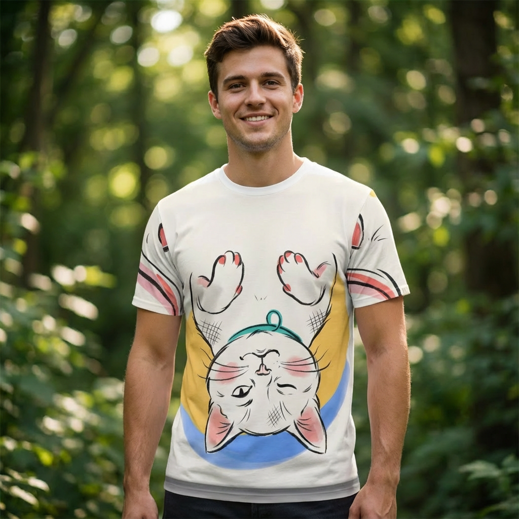 Introvert Cat Tee design in a cropped cozy line art style with colors #FF6B6B, #FFD166, #4D96FF, #2EC4B6, #FFB7C5, #FFFFFF, #0C0C0C; lifestyle studio shot showing the minimal calligraphic cat in a relaxed pose, highlighting the line art on a soft fabric.