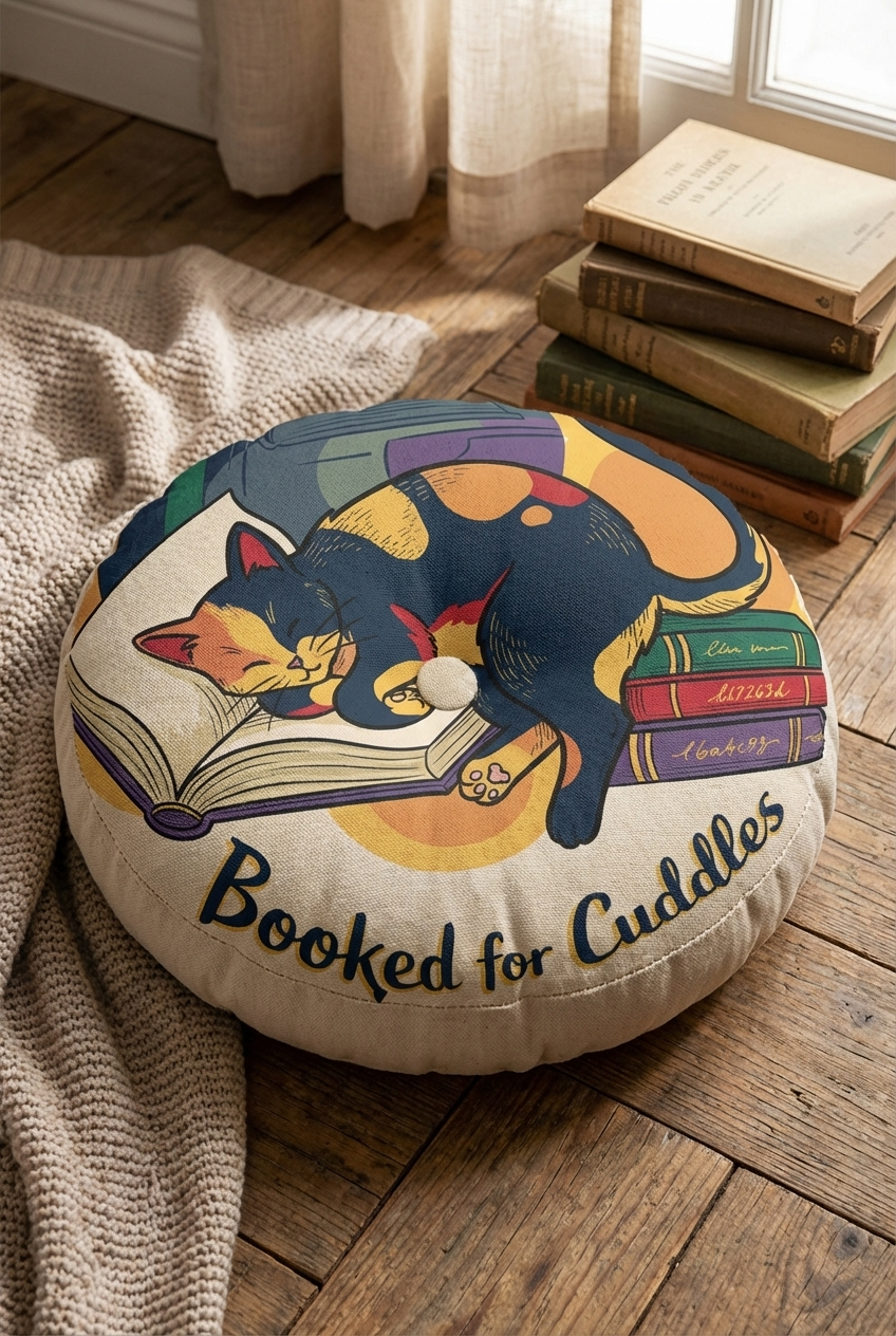Close-up of a round tufted cat-themed floor pillow in dark academia colors (#102a43, #0b6e4f, #ffd166). A dark blue background with a curled cat over books, warm ochre accents, and a hint of calligraphic text; lifestyle close-up suitable for winter reading nook visuals.