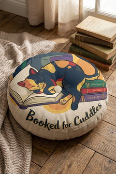 Close-up of a round tufted cat-themed floor pillow in dark academia colors (#102a43, #0b6e4f, #ffd166). A dark blue background with a curled cat over books, warm ochre accents, and a hint of calligraphic text; lifestyle close-up suitable for winter reading nook visuals.