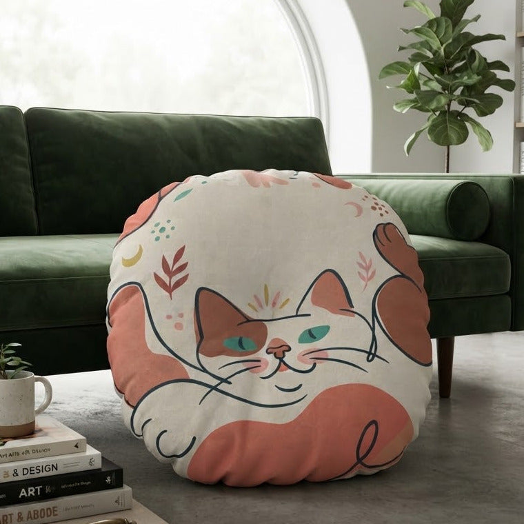 A round floor cushion featuring a whimsical orange tabby cat illustration on a cream background, styled in a modern living room setting next to a dark green sofa and a coffee table.