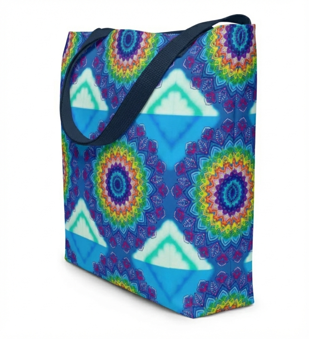 Mandala Tote Bag in Bright Blue and Rainbow Hues for Everyday Adventures