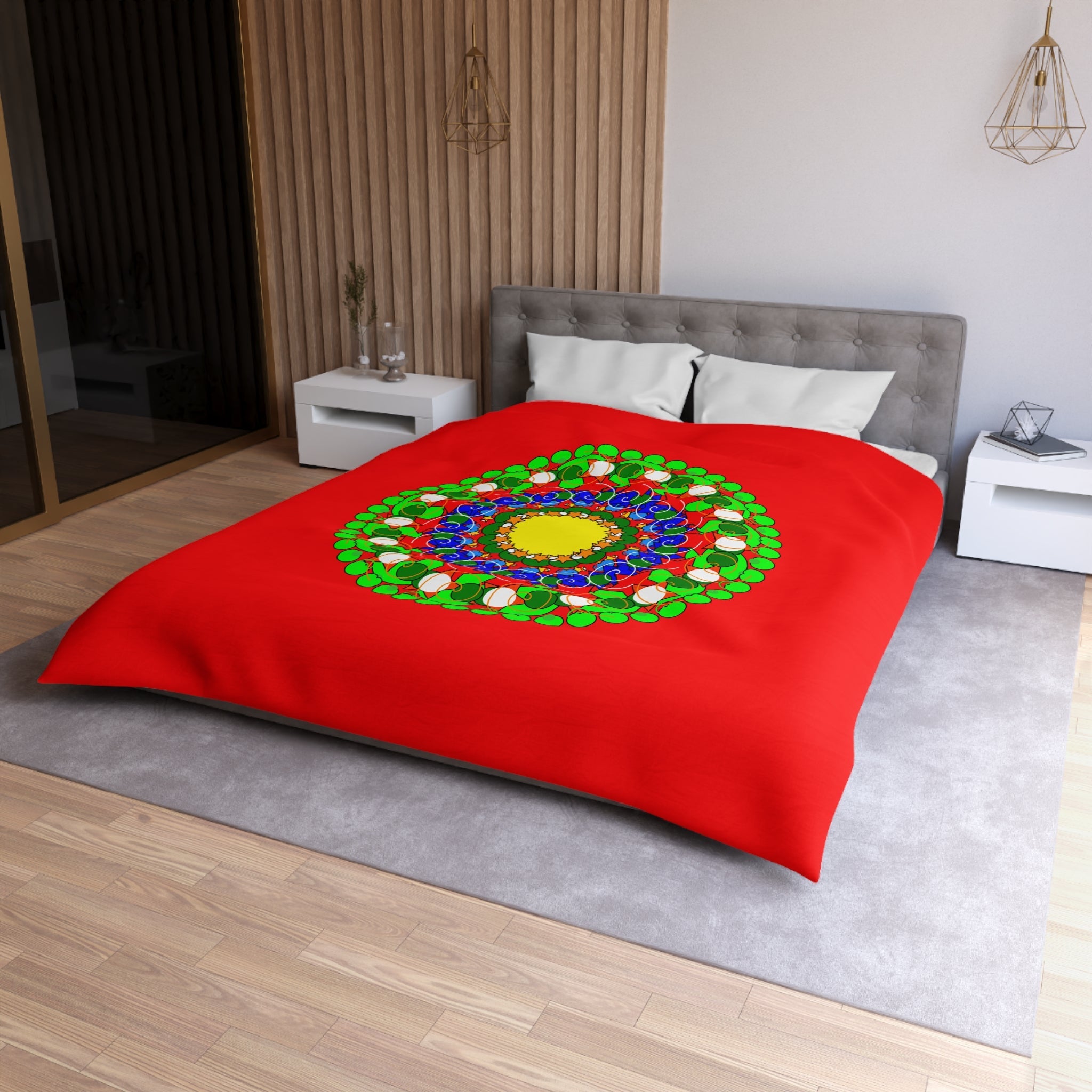 Christmas Mandala Duvet Cover for Kids' Bed - Hand - drawn Stars and Spirals - Red, Gold, Blue, Green - Fun and Colorful Presents Design - Blululi