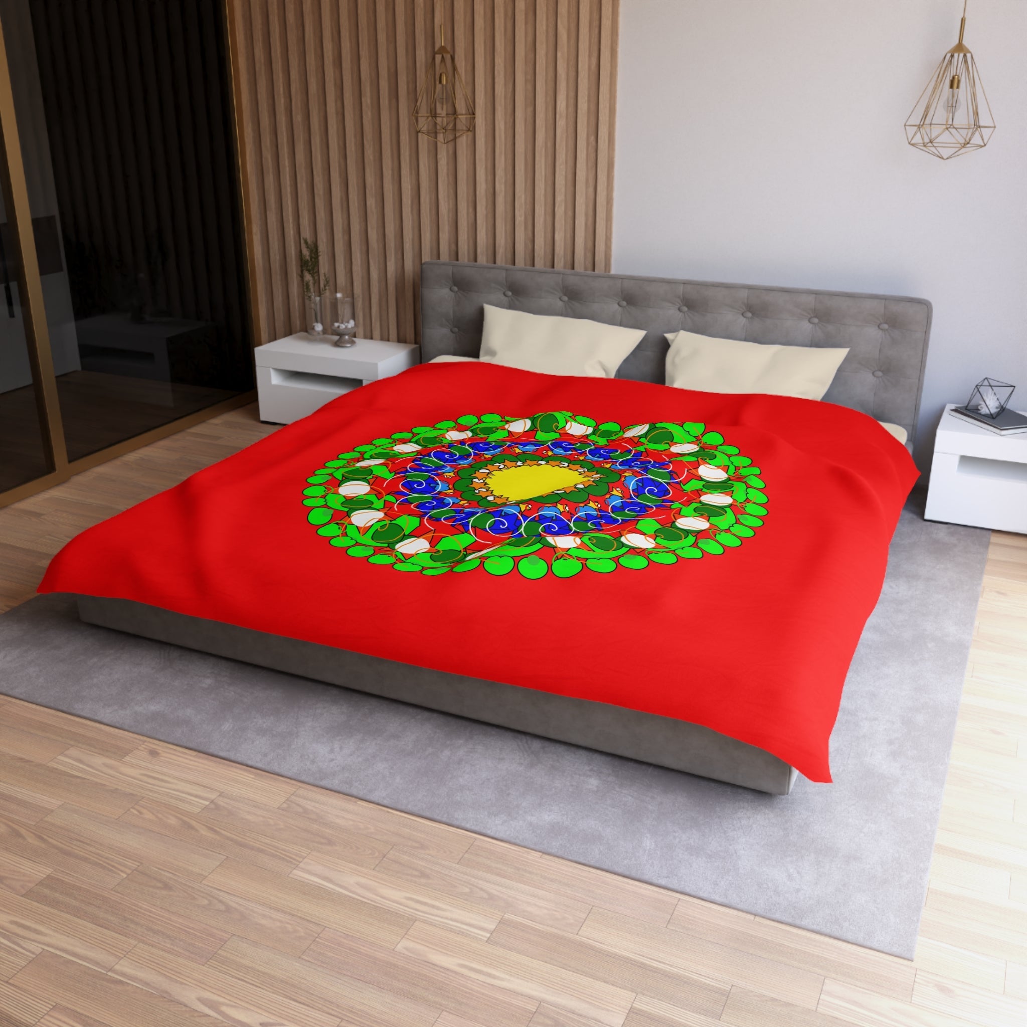 Christmas Mandala Duvet Cover for Kids' Bed - Hand - drawn Stars and Spirals - Red, Gold, Blue, Green - Fun and Colorful Presents Design - Blululi