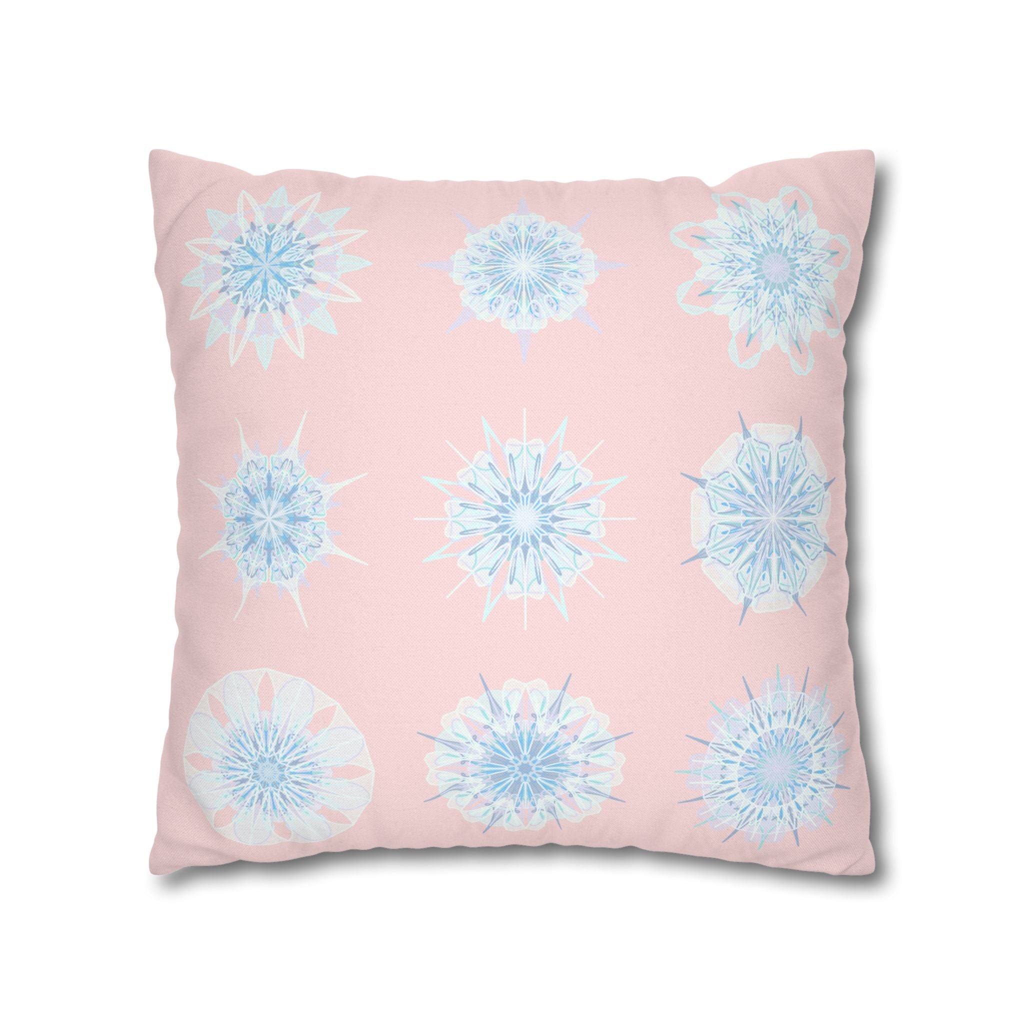 Christmas Snowflake pillowcase for bed - Spun Polyester Square Pillowcase Mandala Art - Original Fine Art - Hand - drawn, Soft Blush Pink - Blululi