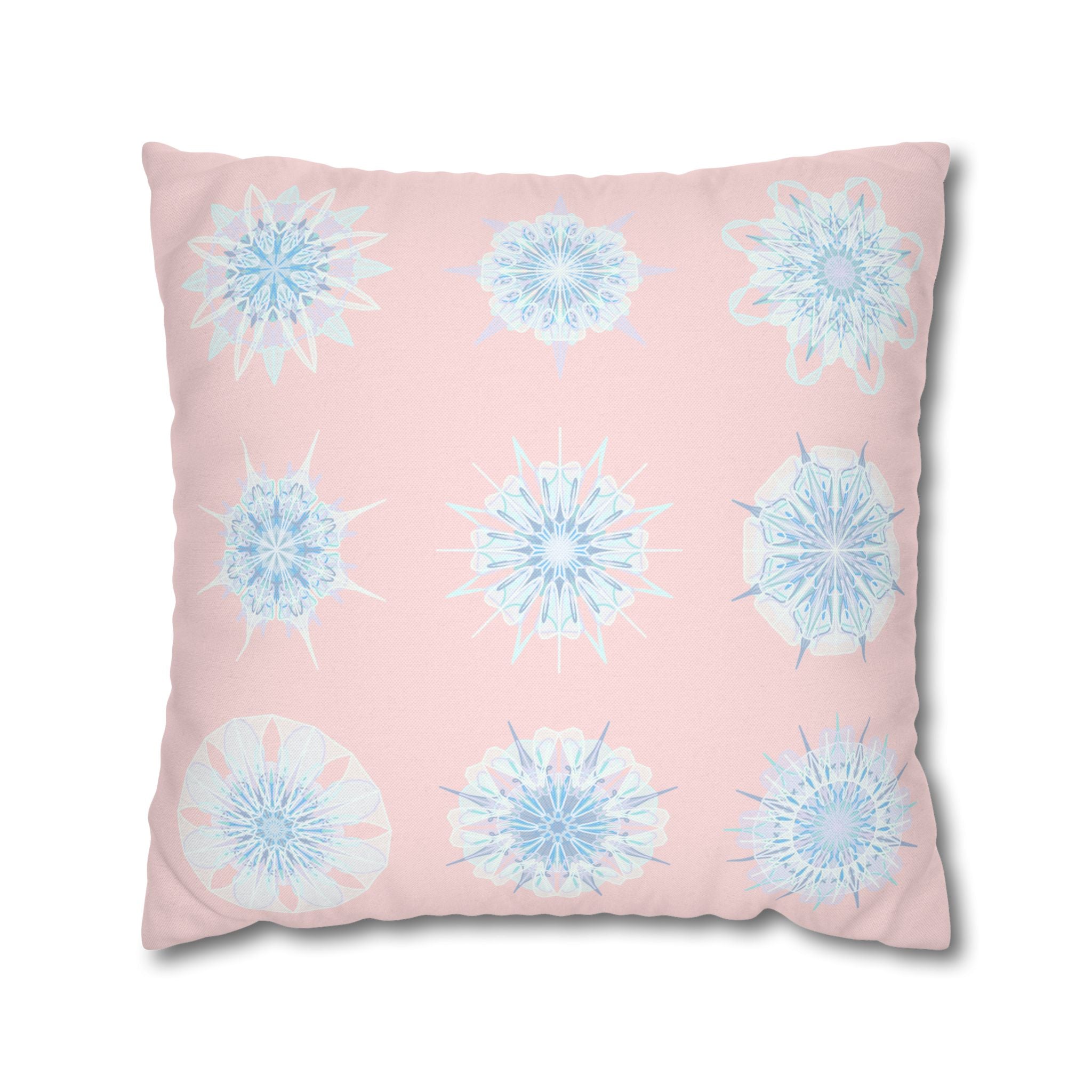 Christmas Snowflake pillowcase for bed - Spun Polyester Square Pillowcase Mandala Art - Original Fine Art - Hand - drawn, Soft Blush Pink - Blululi