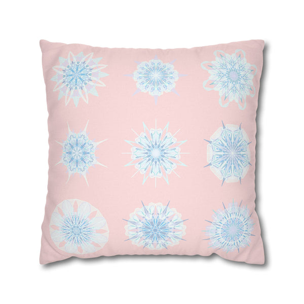 Christmas Snowflake pillowcase for bed - Spun Polyester Square Pillowcase Mandala Art - Original Fine Art - Hand - drawn, Soft Blush Pink - Blululi