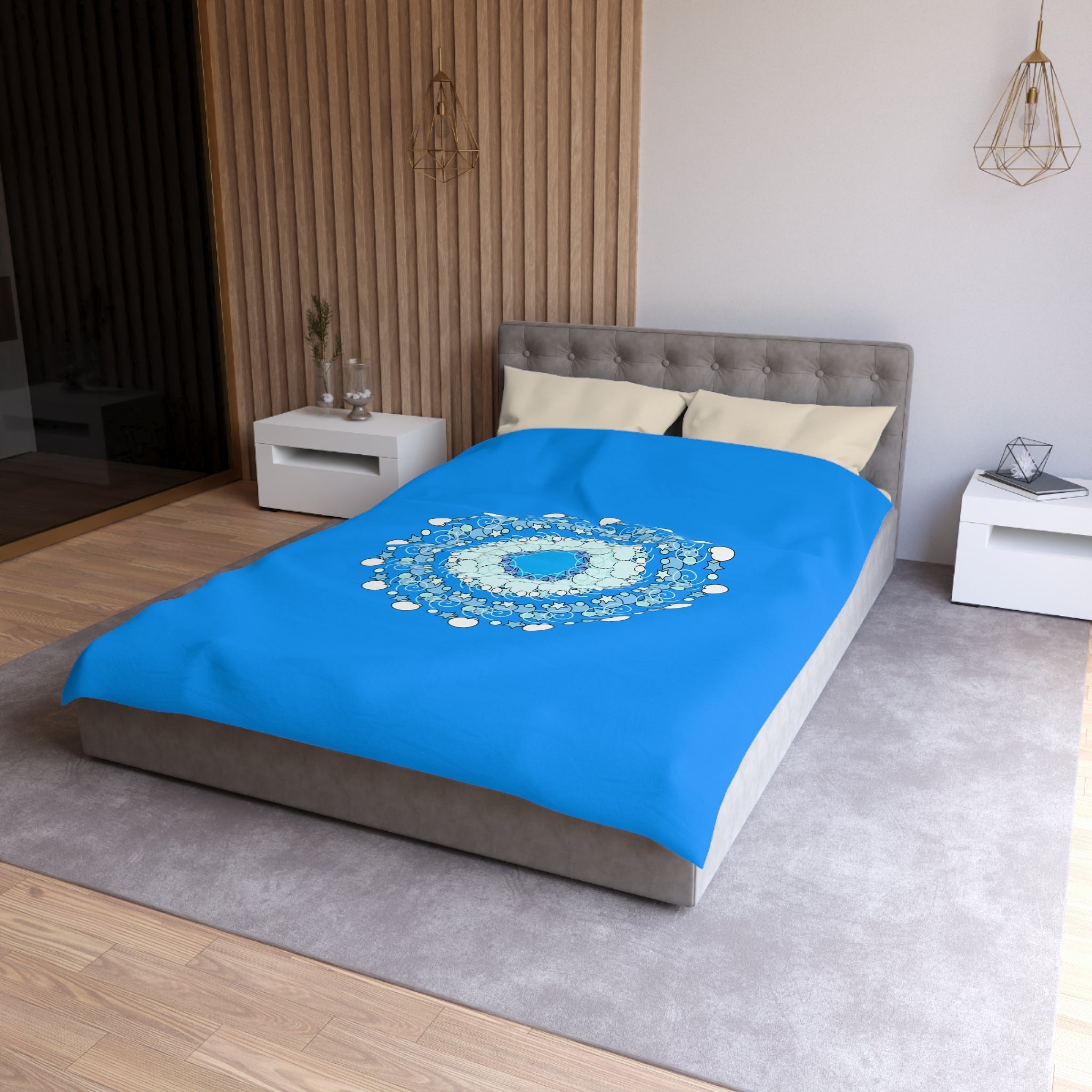 Christmas Snowflakes Microfiber Duvet Cover for Kids' Bed - Mandala Art Drawn by Hand - Mandala on Sky Blue background - Blululi